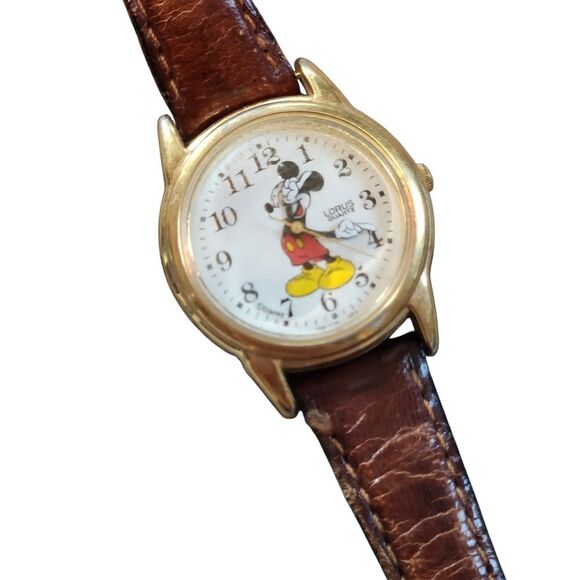 Vintage Lorus Mickey Mouse Watch Quartz Needs Battery Leather Strap White Gloves - Picture 1 of 10